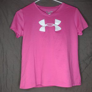 Under Armour Loose Heatgear T Shirt Girls Youth Size Y/LG V Neck Color Pink Logo